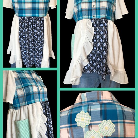 Upcycled Flowy Boho Patchwork Tunic, Size M: Ruffled Hippie Blouse, Bell Sleeves - Picture 15 of 15